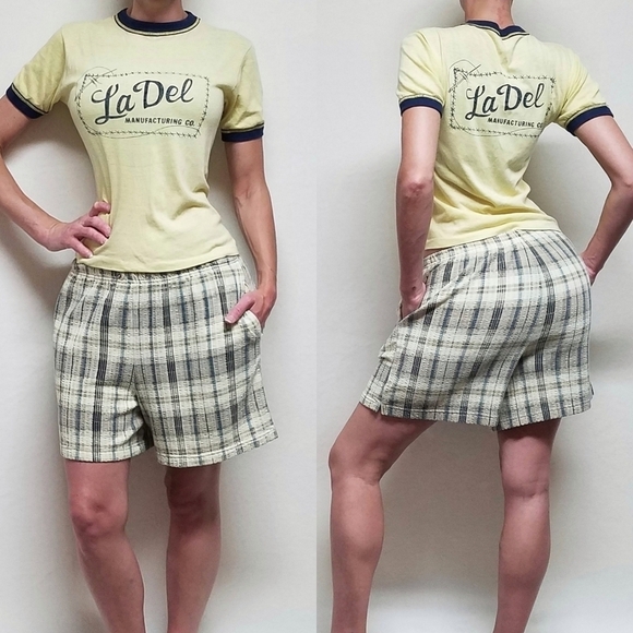 VINTAGE New York & Co Yellow Plaid Seersucker Loose Fit Pocket Casual Shorts